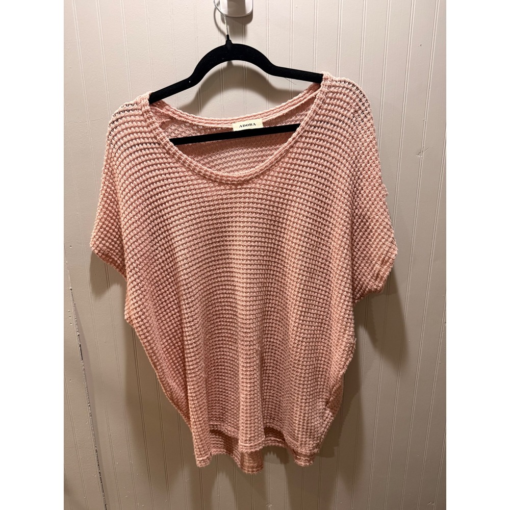 Adora Womens Pink Waffle Knit Scoop Neck Short Sleeve Oversized Top
